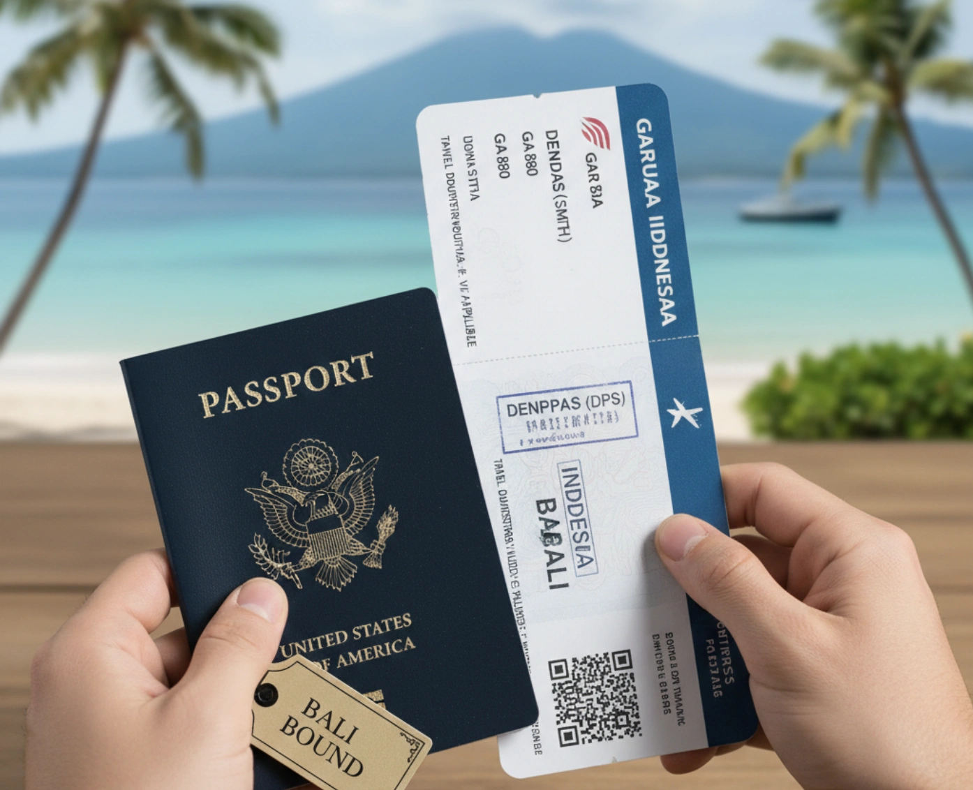 A passport and boarding pass ready for a trip to Bali, illustrating the importance of correct travel documents.